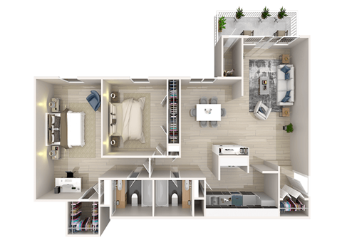 Floor plan for 2 beds, 2 baths, 1167 sqft